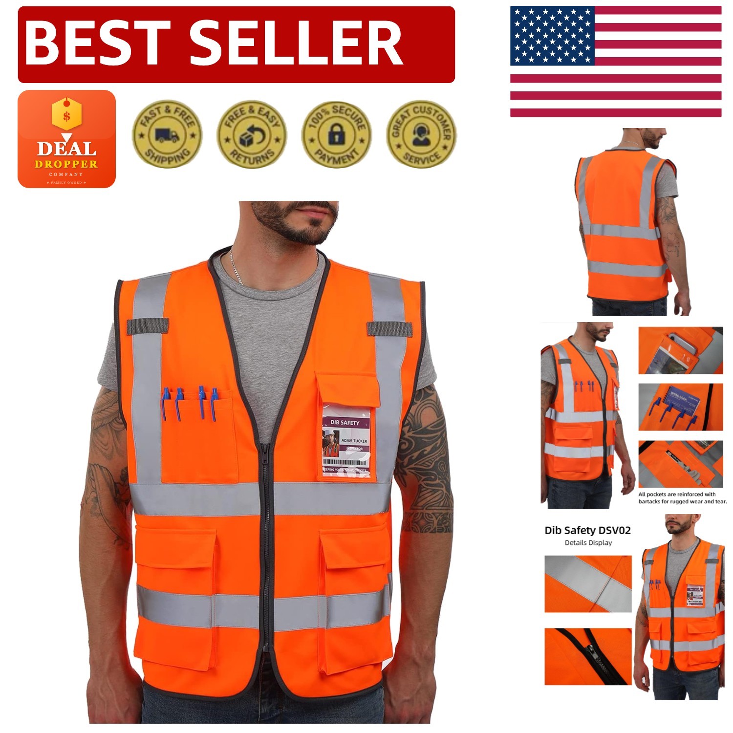 Durable Neon Orange Reflective Vest with Multi-Function Pockets - ANSI Compliant