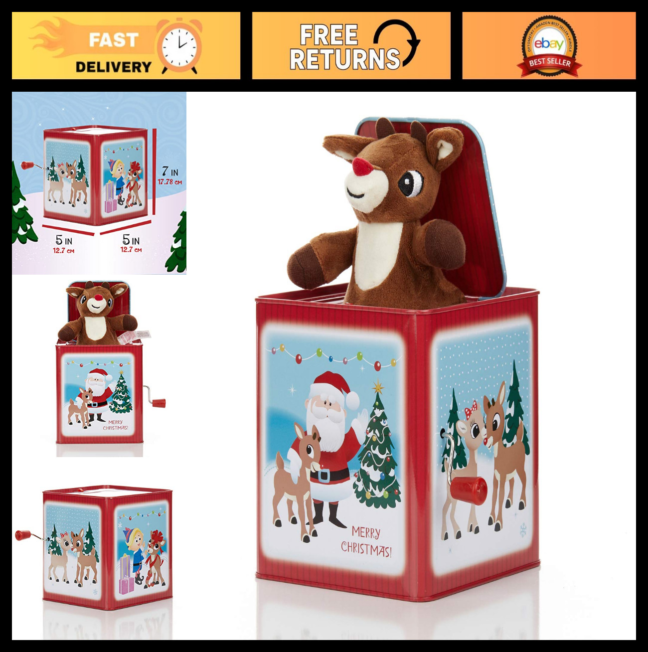 Vintage Jack-In-The-Box Toy - Rudolph the Red-Nosed Reindeer Musical Gift