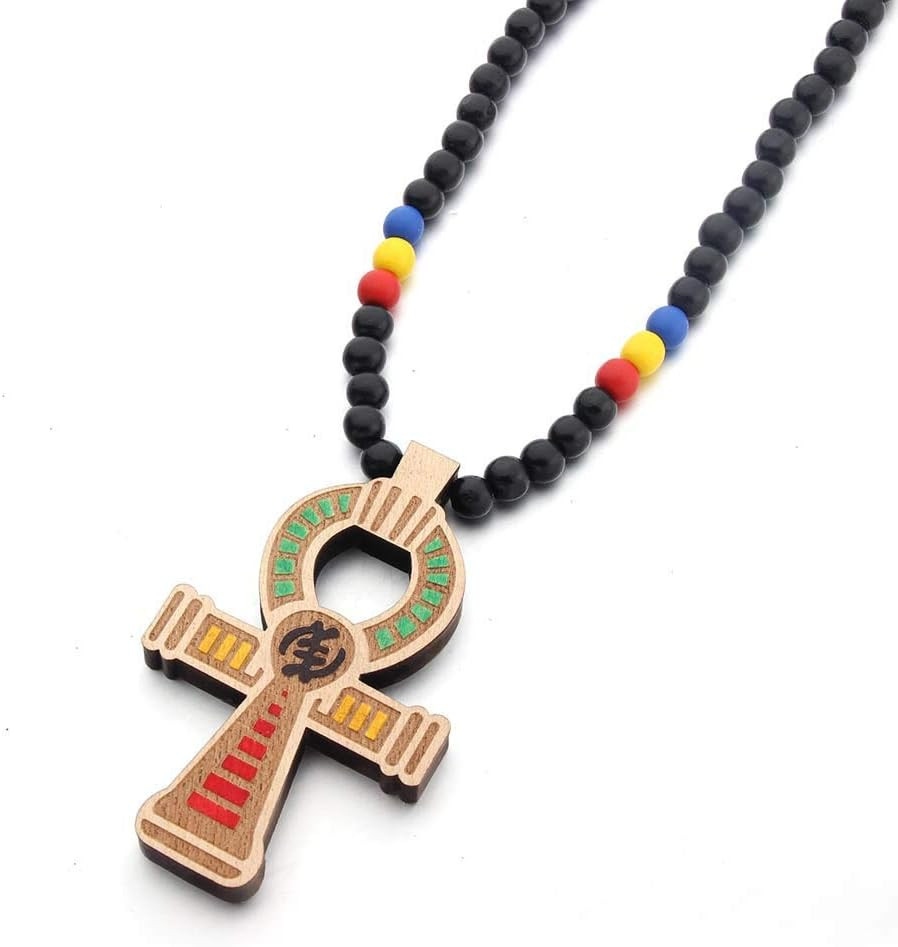 African Egyptian Ankh Cross Pendant Handmade Wooden Beads Protection Coptic Ankh