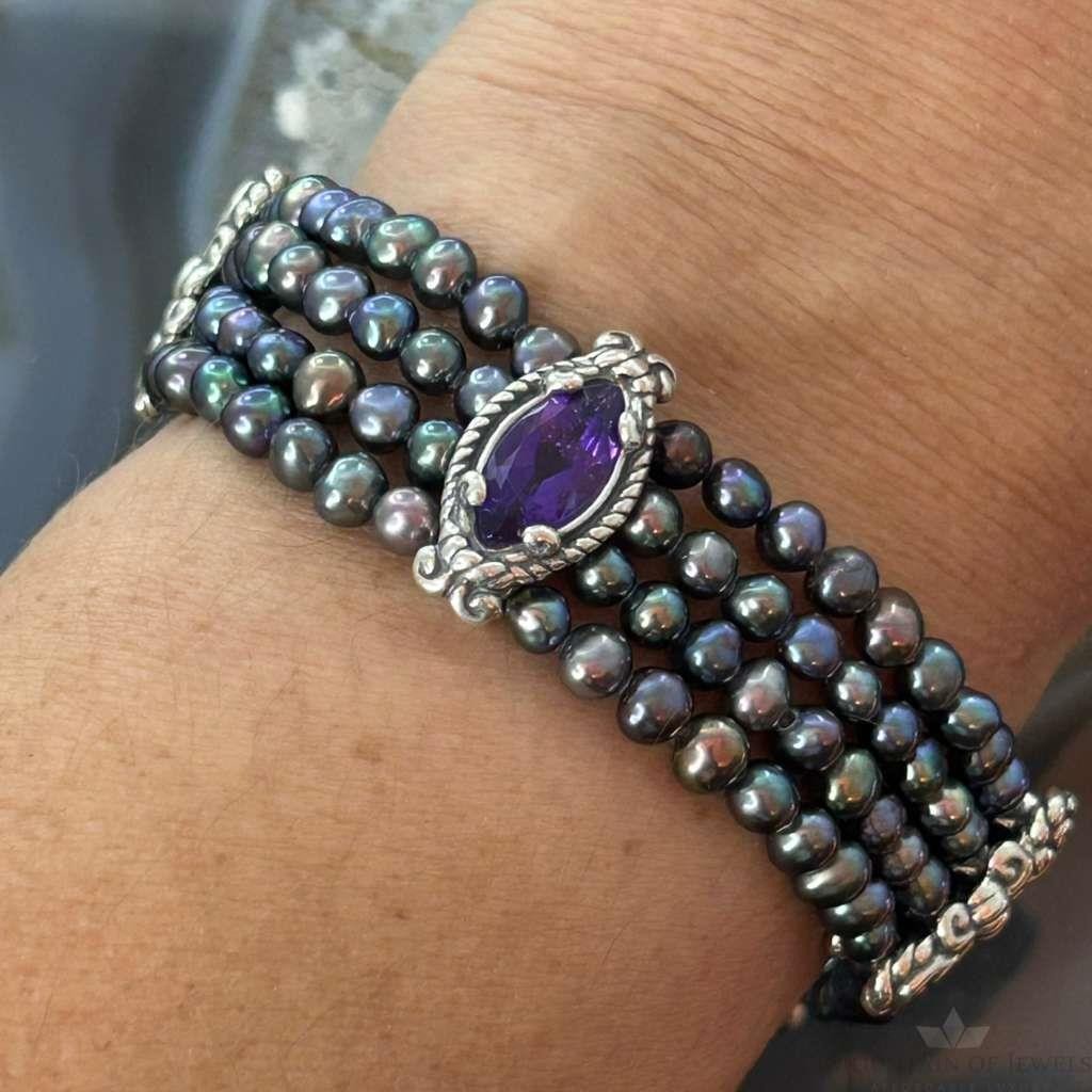 Carolyn Pollack Vintage Sterling Amethyst & Pearls Toggle Bracelet For Women