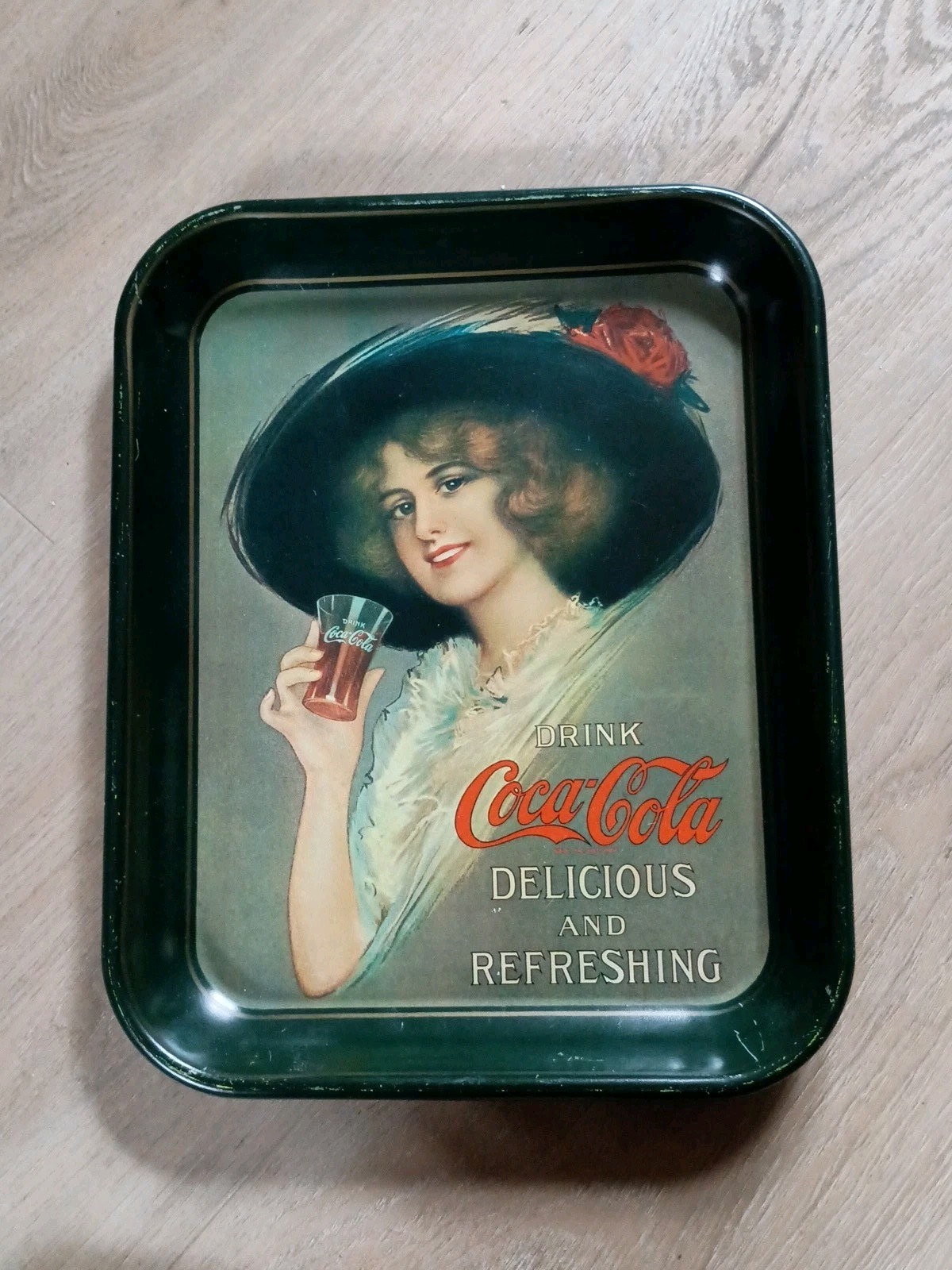 Drink Coca-Cola Delicious and Refreshing 1972 Vintage Metal Green Tray Hat Lady