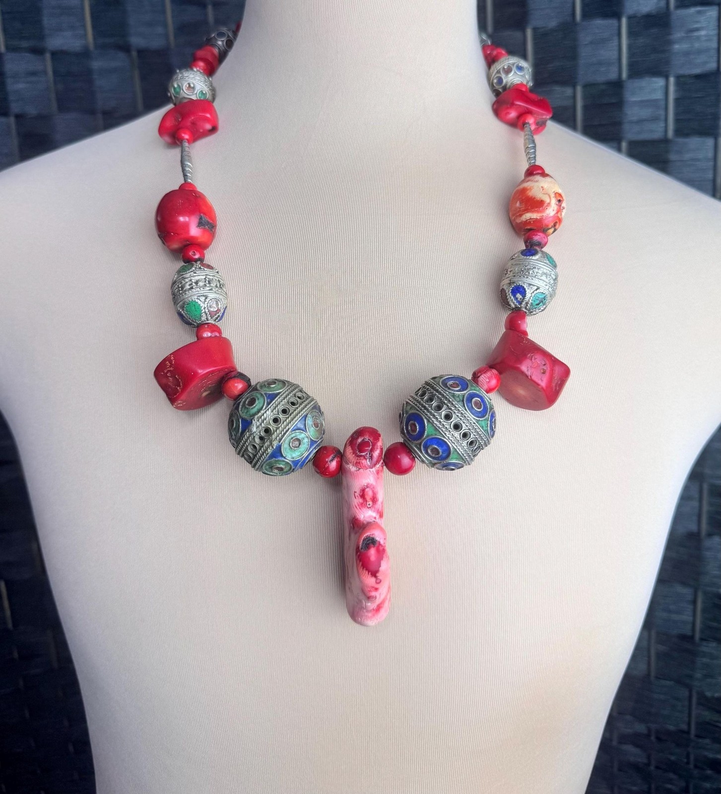 Moroccan Traditional Coral Necklace, Enamel Chunky Necklace