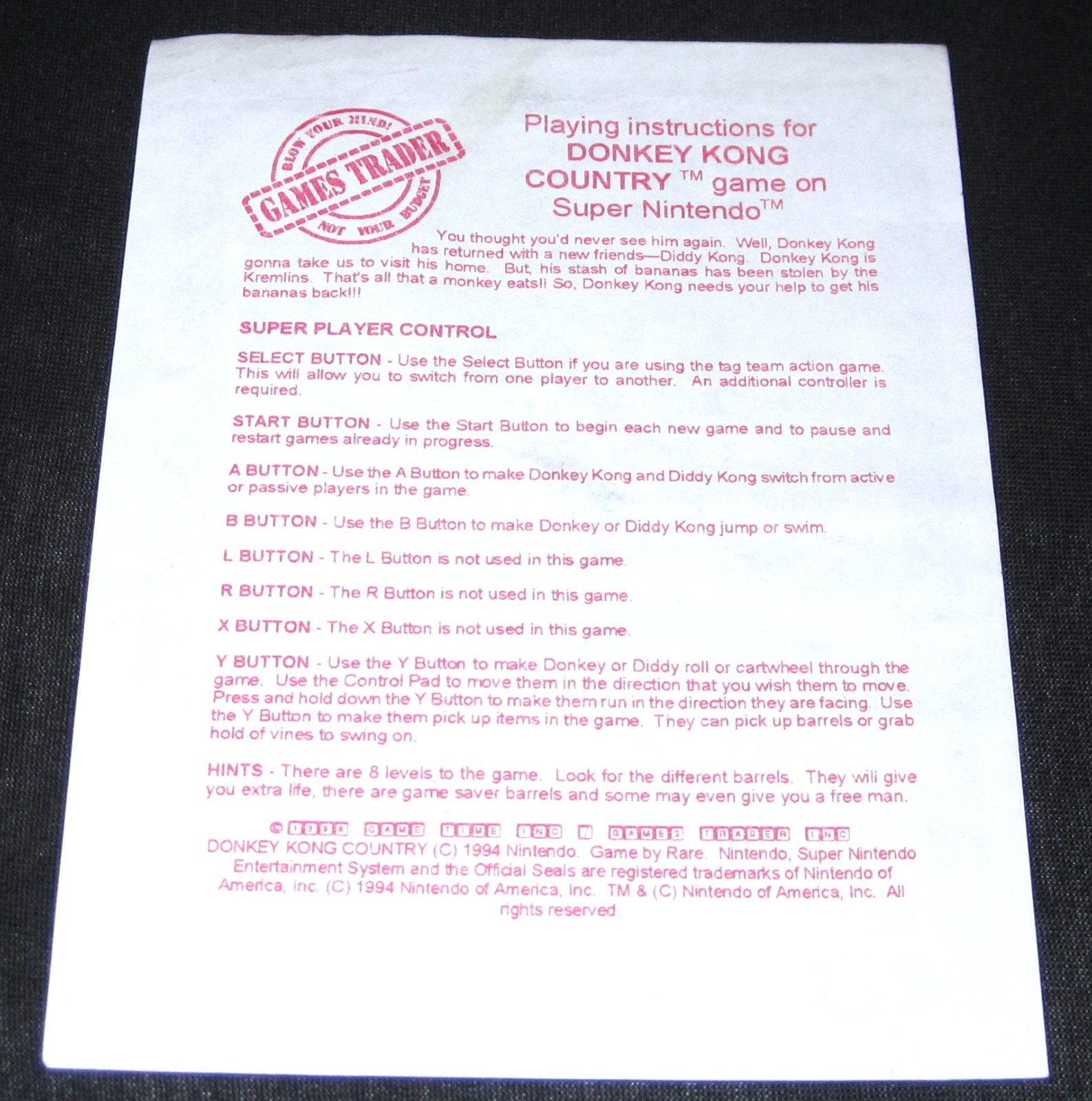 Games Trader Playing Instructions - Donkey Kong Country SNES