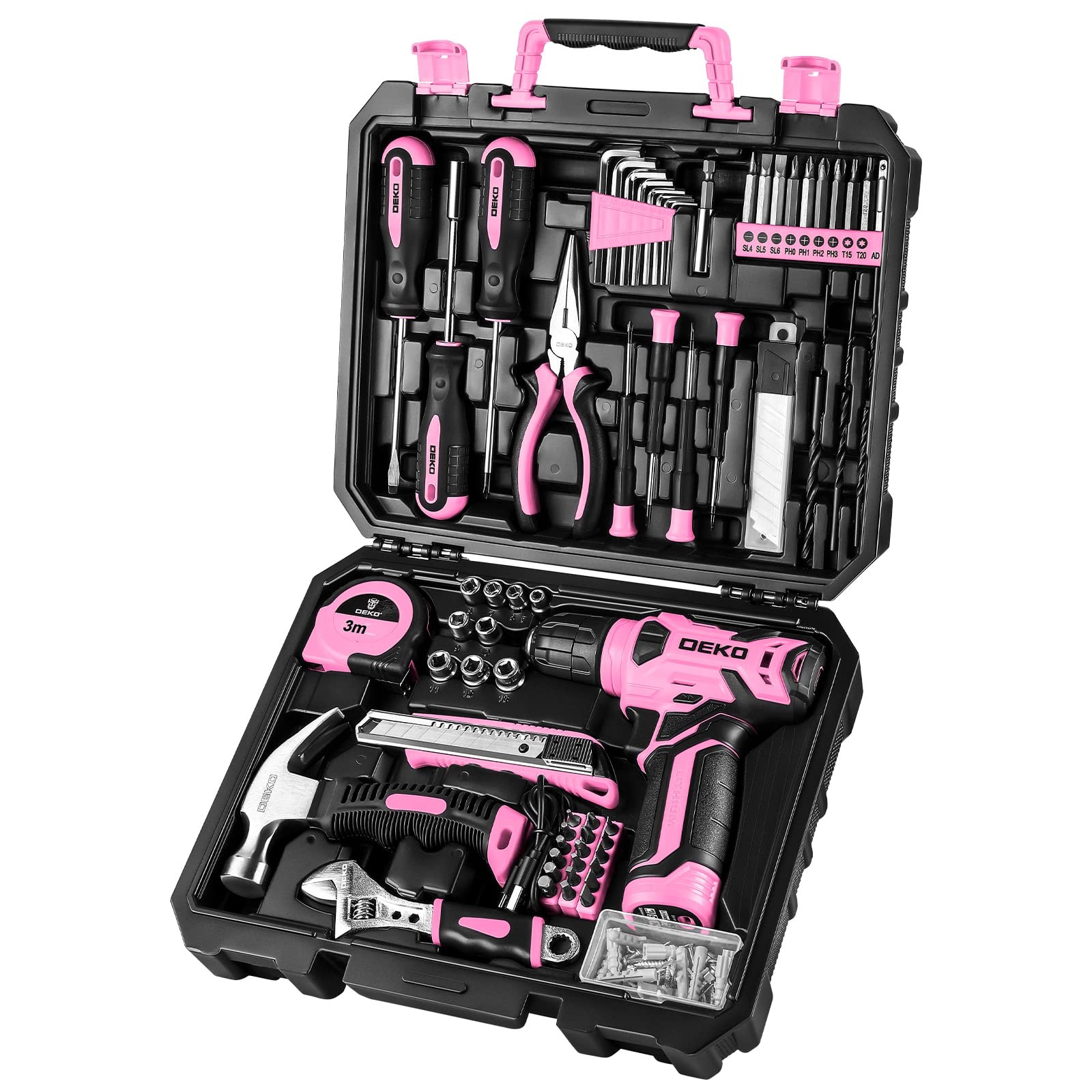DEKOPRO Drill Set, Home Tool Set with 8V Pink Cordless Drill, Hand 