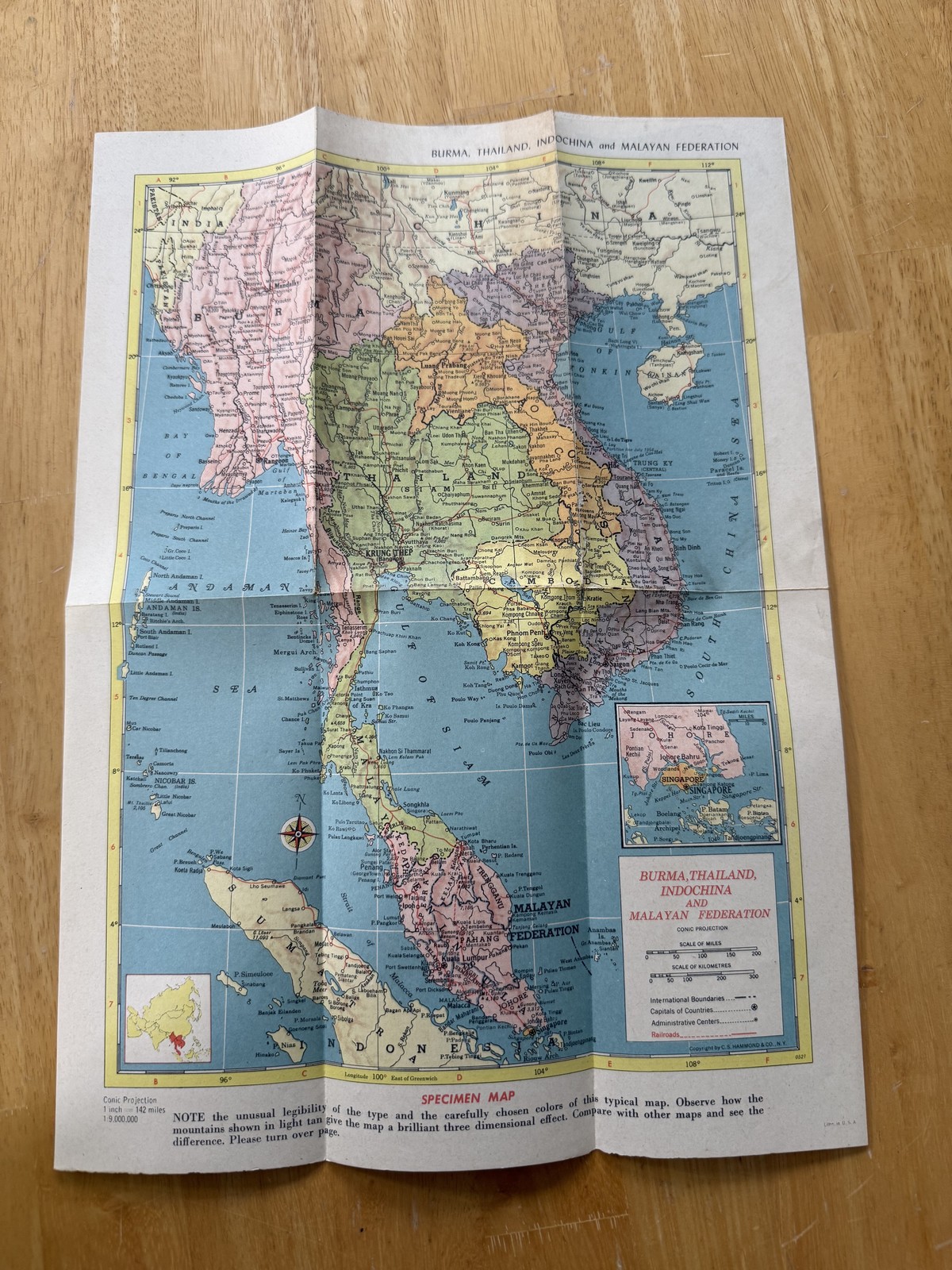 Vintage C.S. Hammond Burma Thailand Indochina Malayan Federation Map Specimen