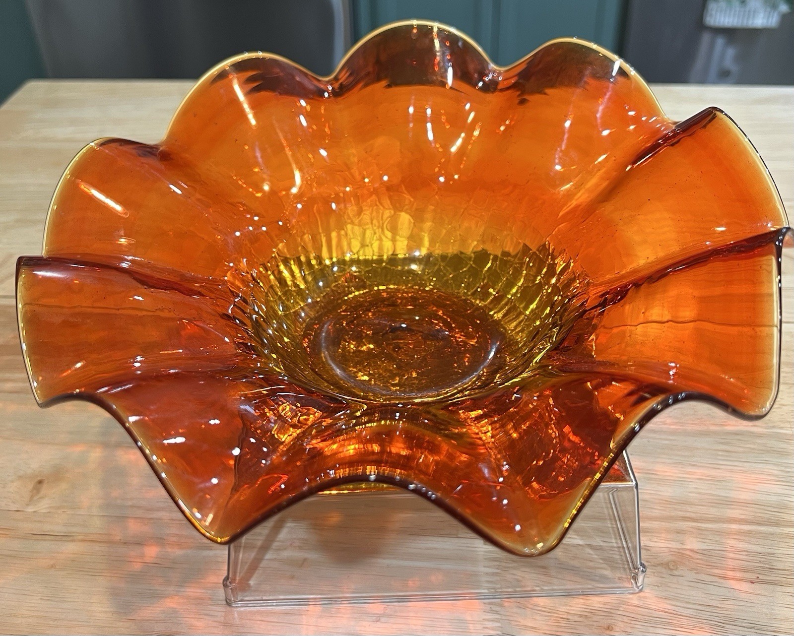 Amber Orange Crackle Art Glass Hand Blown Decorative Bowl Glossy 10” Round