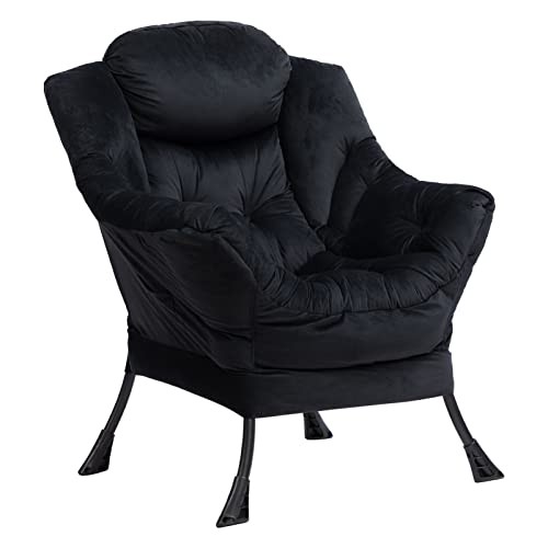  Lazy Chair with Armrest and Side Pocket, Comfy Accent Lounge Velvet Black