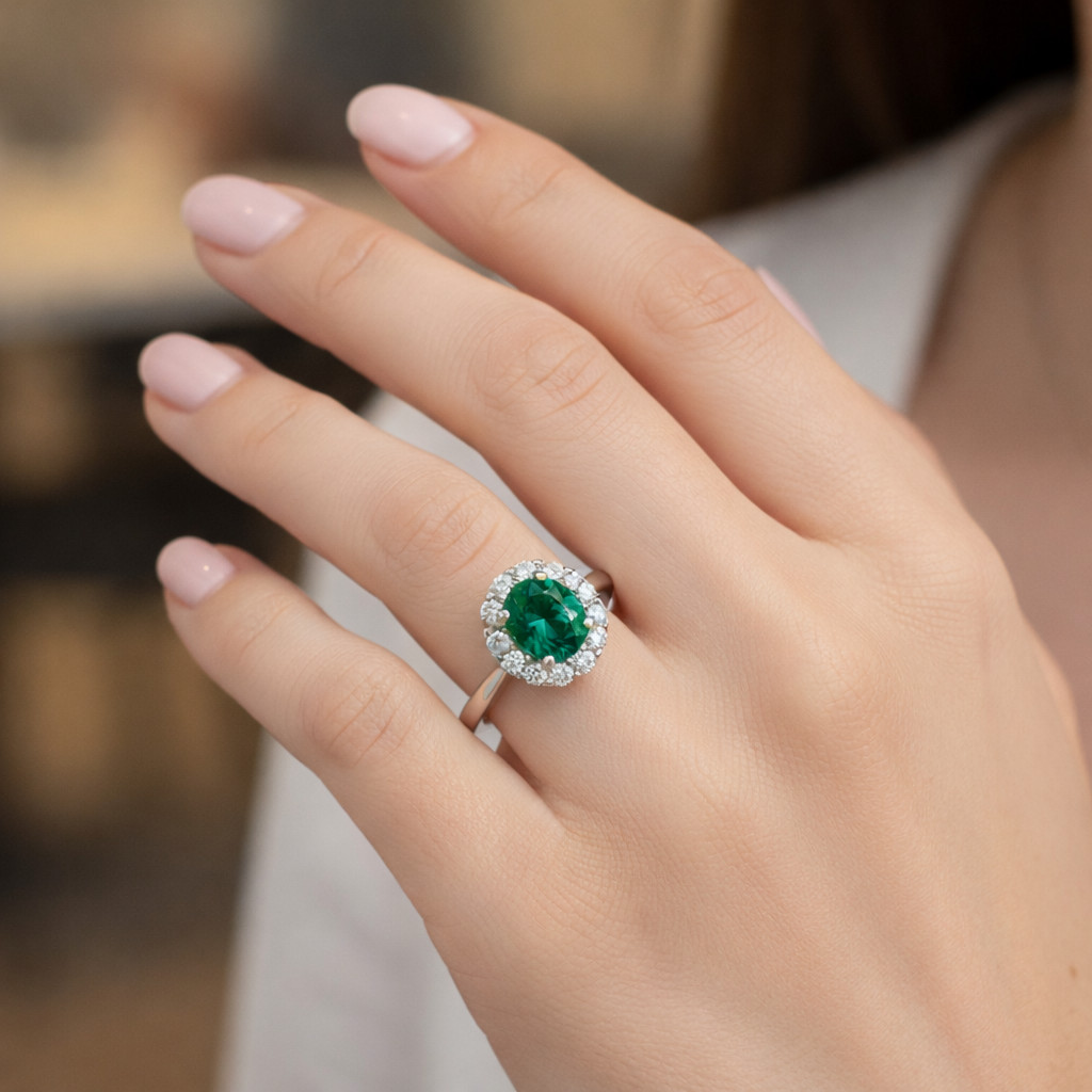 2.00 Ct Round  Cut Natural Emerald & Diamond  Wedding Ring 14K White Gold Size 6