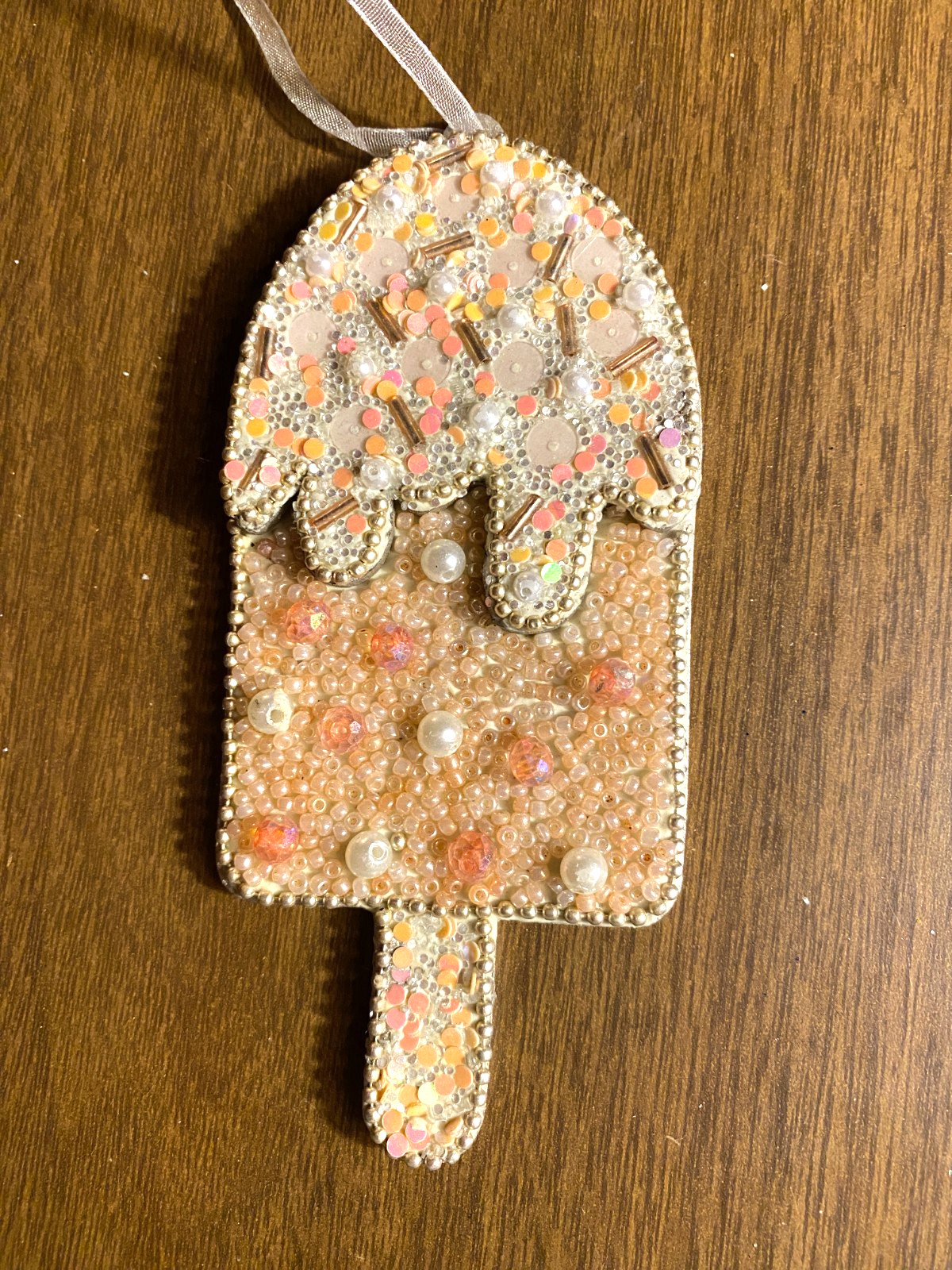 Faux Pearl Sequin Peach Ice Cream Bar Christmas Ornament 5"