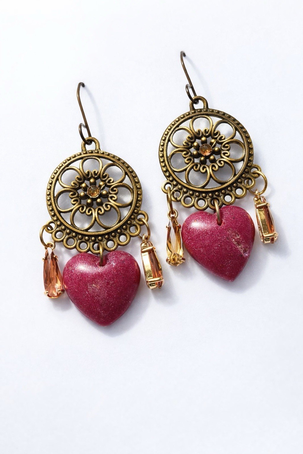 handcrafted bronze, red heart dangle earrings