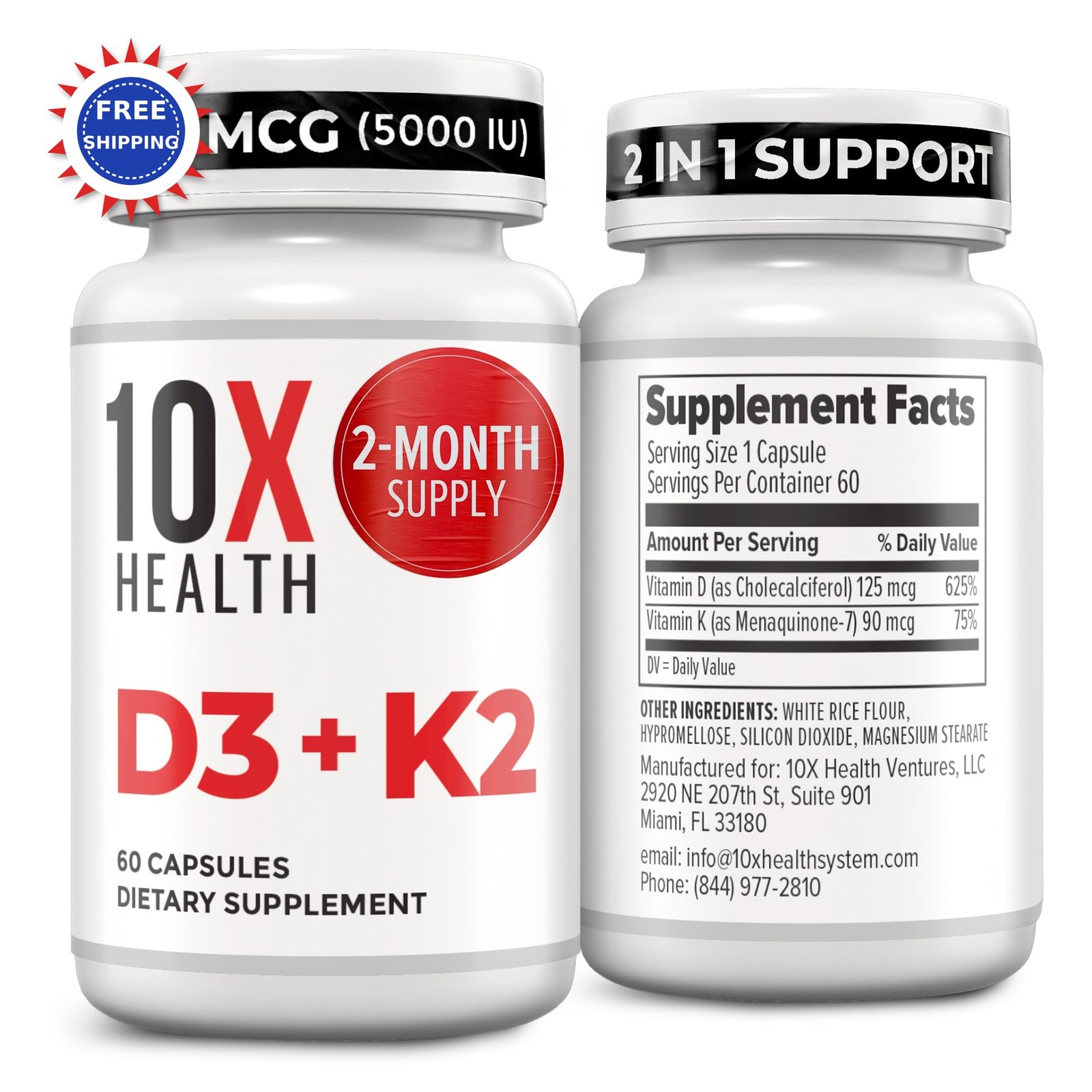 10X Health Vitamin D3 5000 IU & K2 MK7 - 60 Capsules Menaquinone Bone