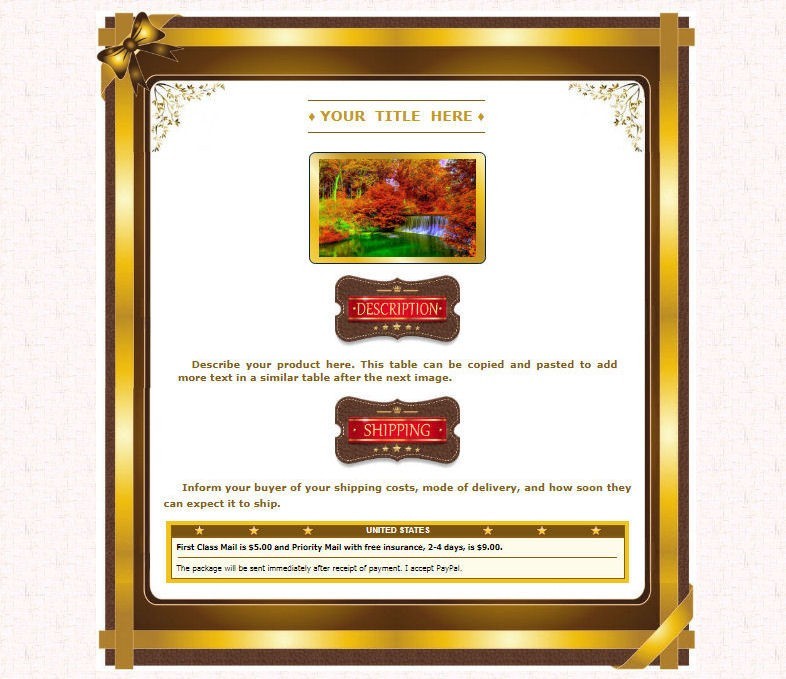 AUCTION TEMPLATE Bow With Decorative Gold Border Frame Design - FREE SHIPPING