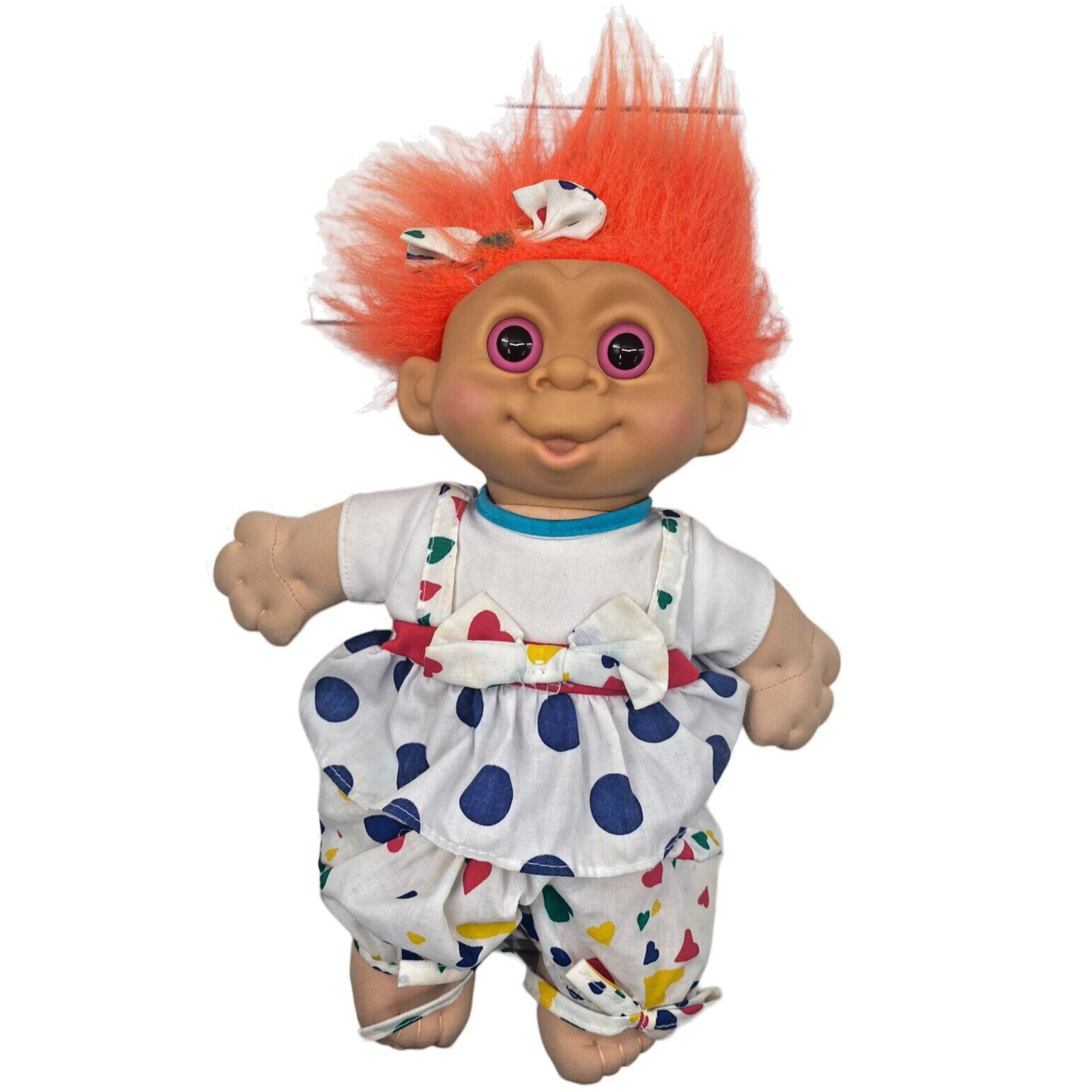 MT Multi Toys 1992 Troll Doll 12" GLO Girl Polka Dot Heart Orange Hair Pink Eyes