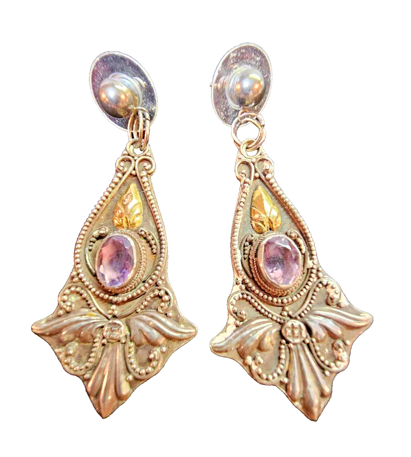 925 Sterling & 8k gold leaf stud earrings ornate Victorian art nouveau amethyst
