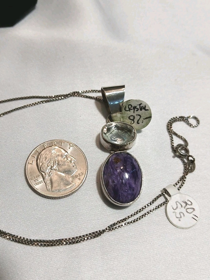 Charoite And Clear Quartz Pendant necklace 20" Chain All Sterling Silver 