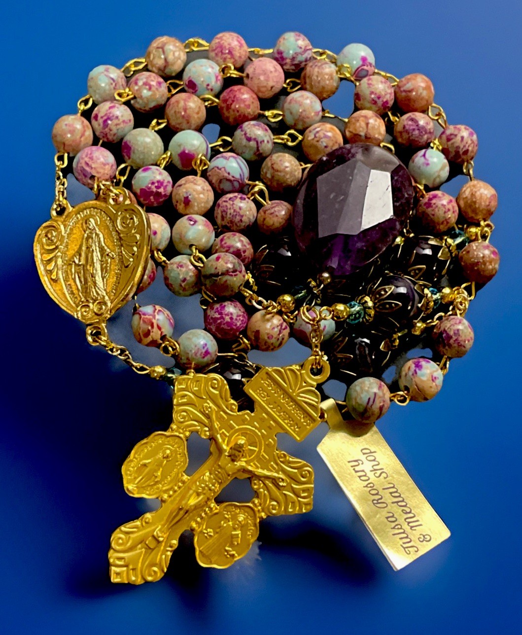 Semi Precious Galaxy Purple & Aqua Jasper Sedimentary Stone Rosary, + Tag