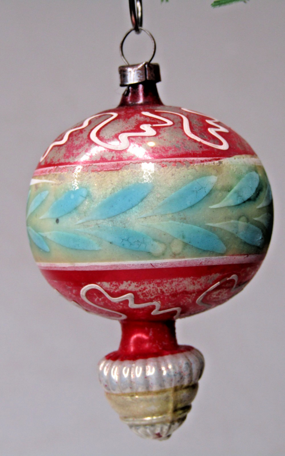 Vintage Glass Pictured CROWN Embossed Tiered DROP Christmas Ornament Germany Red