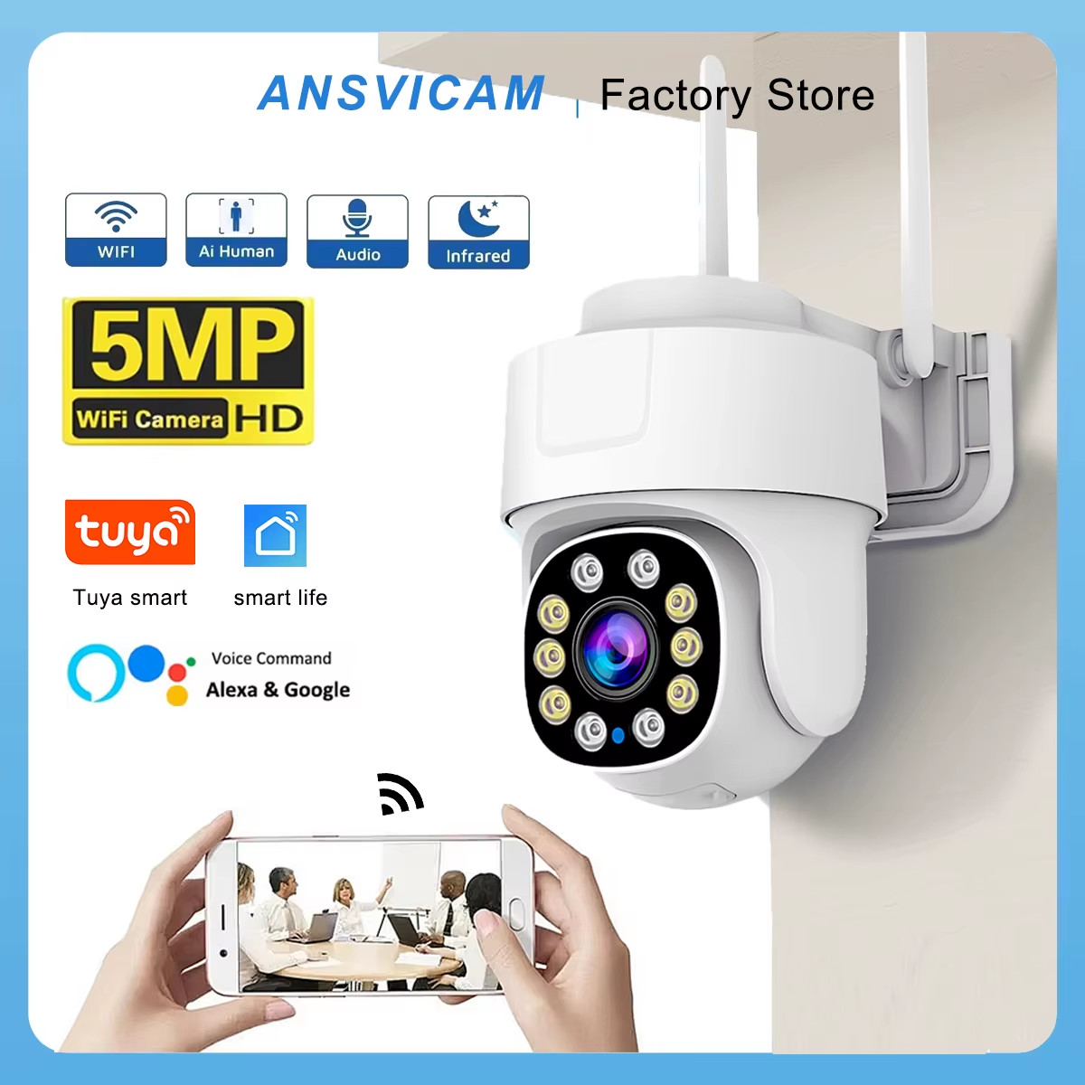 ANSVICAM 5MP Wifi PTZ Camera Outdoor 10X Zoom Security IP Camera Color Night Vis