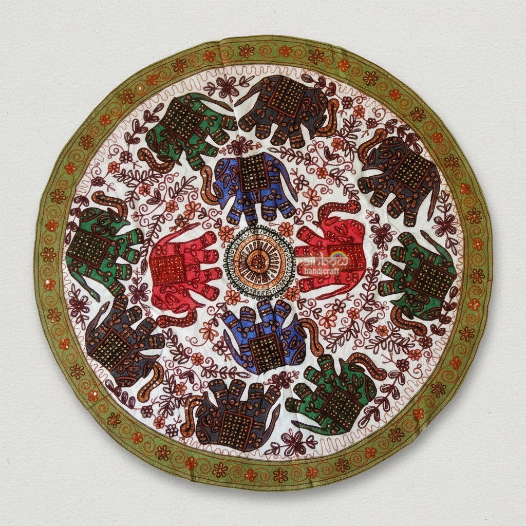 Indian Elephant Mandala Round Tapestry Boho Wall Hanging Embroidery Table Runner