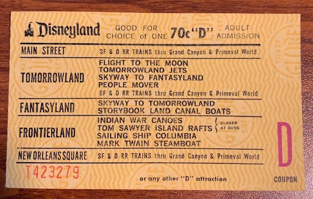 Vintage Disneyland 70c "D" Adult Admission Free Shipping