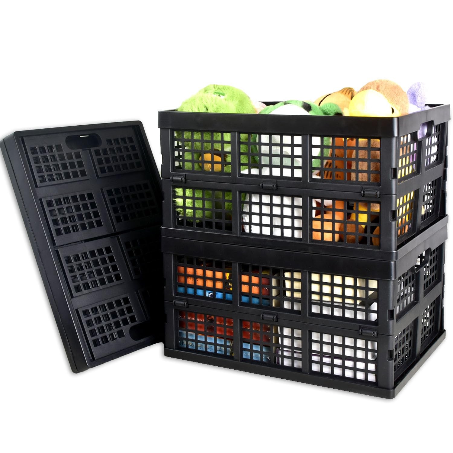 CONLI 3 Pack 34L Large Plastic Folding Storage Crates - Collapsible