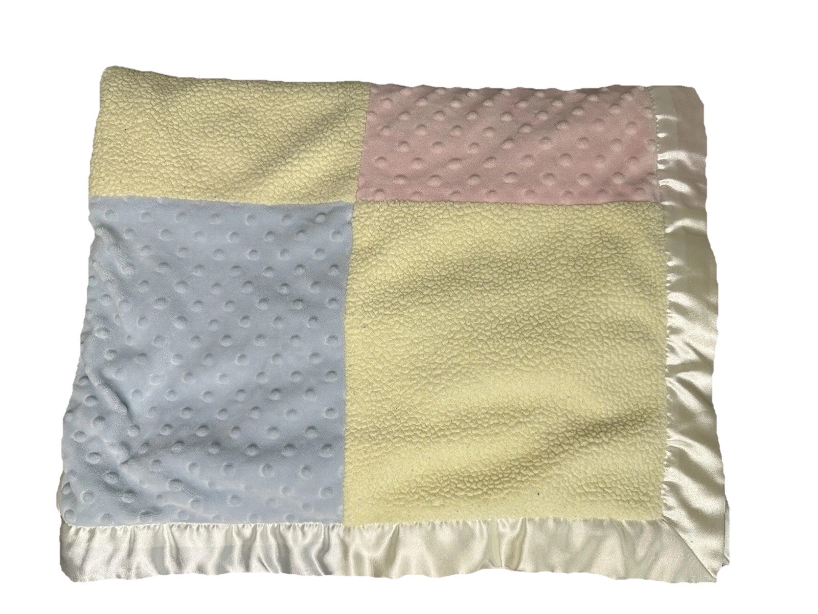 First Impressions Pink Blue Yellow Patchwork Baby Blanket Minky Satin Trim Lovey