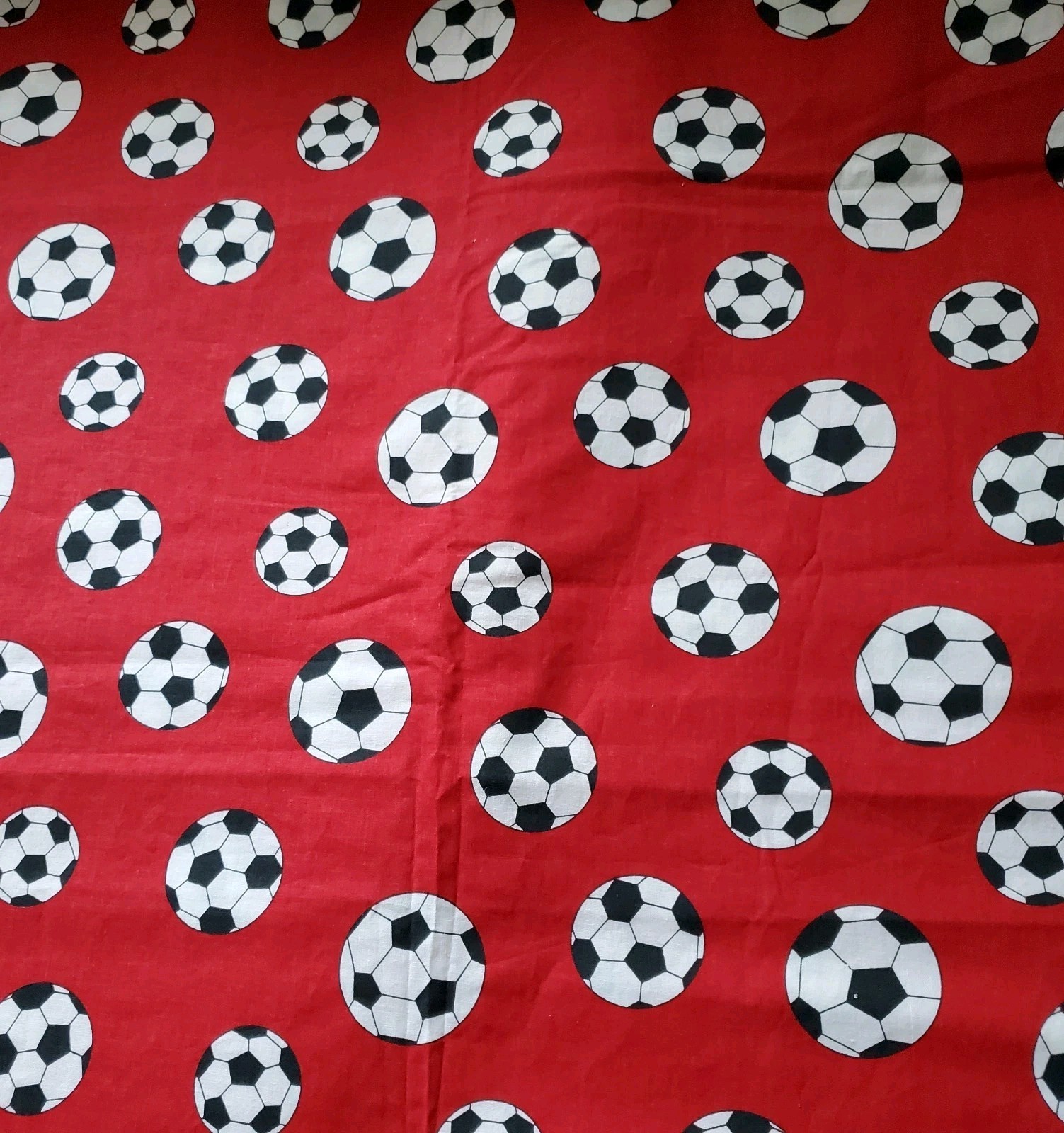 Cotton Blend Fabric Soccer Balls Black White Ball Sports On Dark Red Material