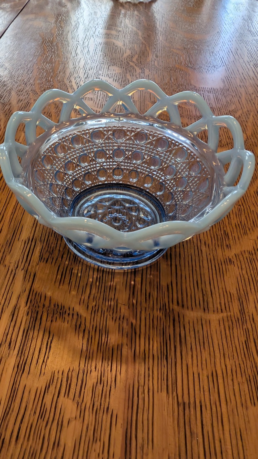 Vintage Imperial Glass Katy Blue Lace Edged Button Cane Opalescent 5" Bowl