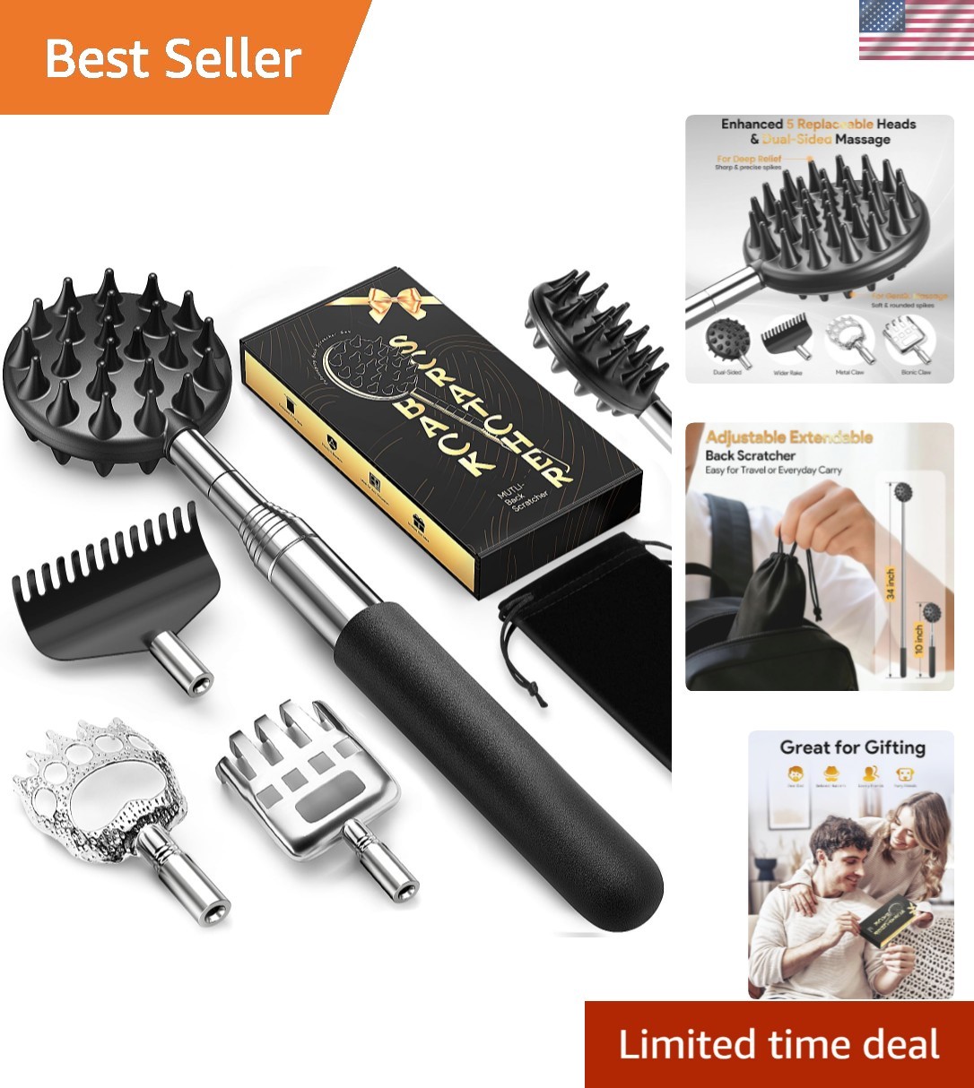 Telescoping Back Scratcher with 5 Detachable Scratching Heads, Rubber Handles...