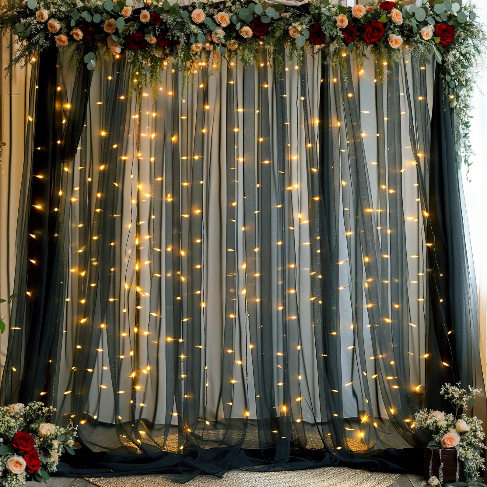 Black Sheer Backdrop Curtains with Lights String for Parties Birthday 10ft × ...