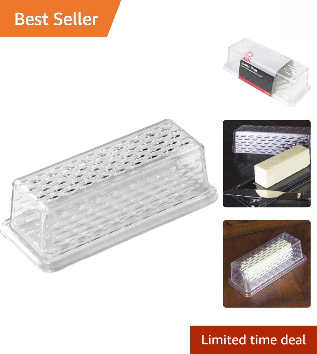 Elegant Clear Plastic Butter Dish, 7-Inch, Dishwasher Safe with Crystalline Lid