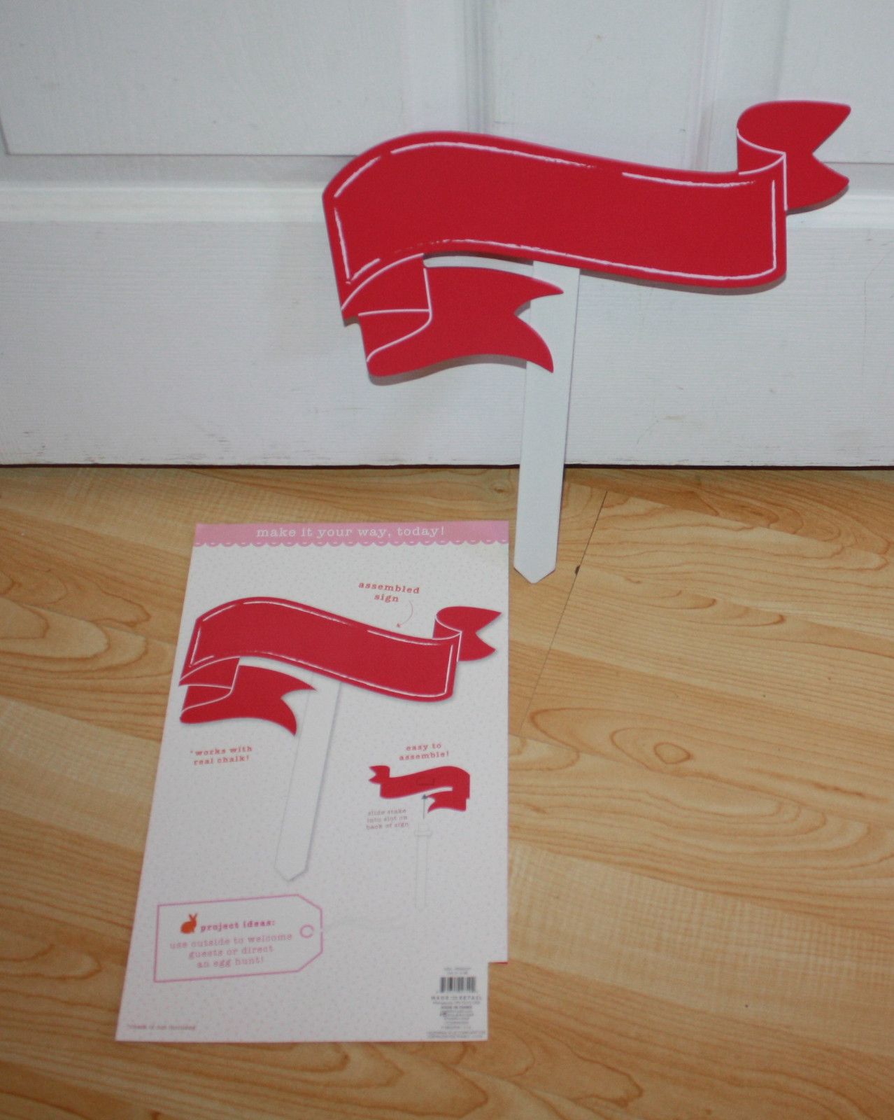 Wood Banner Ribbon Sign Cut-Out Craft Chalkboard Finish w Stake 12"Hx11"W Easter