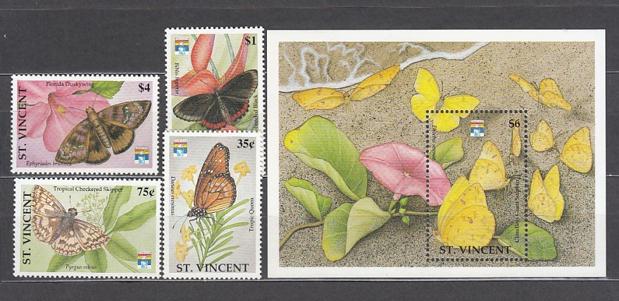San Vicente - Mail Yvert 1527/30+H.171 ** Mnh Fauna Butterflies