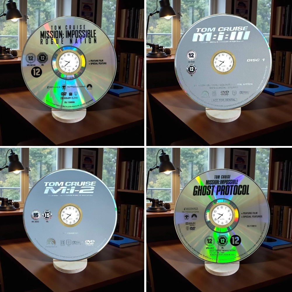 Mission Impossible DVD Clock - Handmade Wooden Stand, Upcycled Novelty Decor