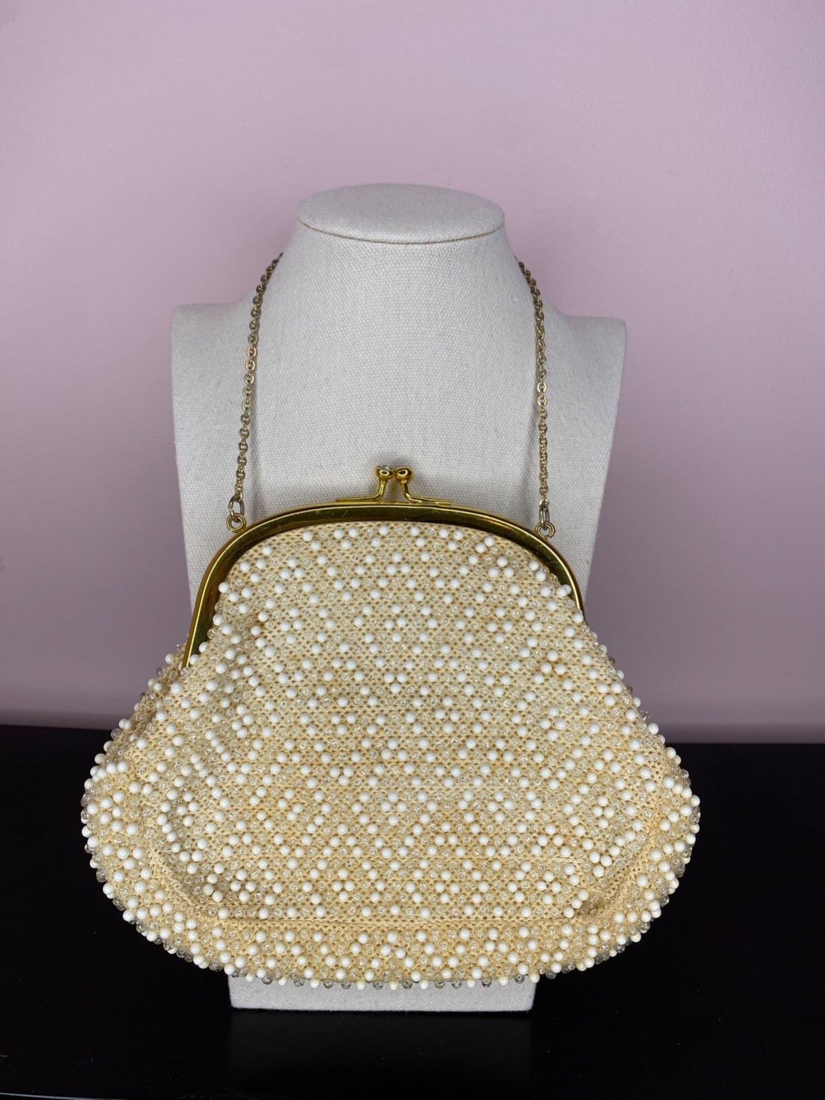 Vintage 1950s Lumured CORDE BEAD White, Clear Beaded Evening Bag