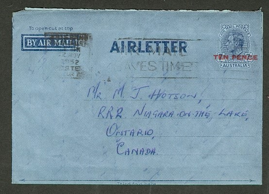AUSTRALIA 1952 10P OVPT AIRLETTER TO CANADA