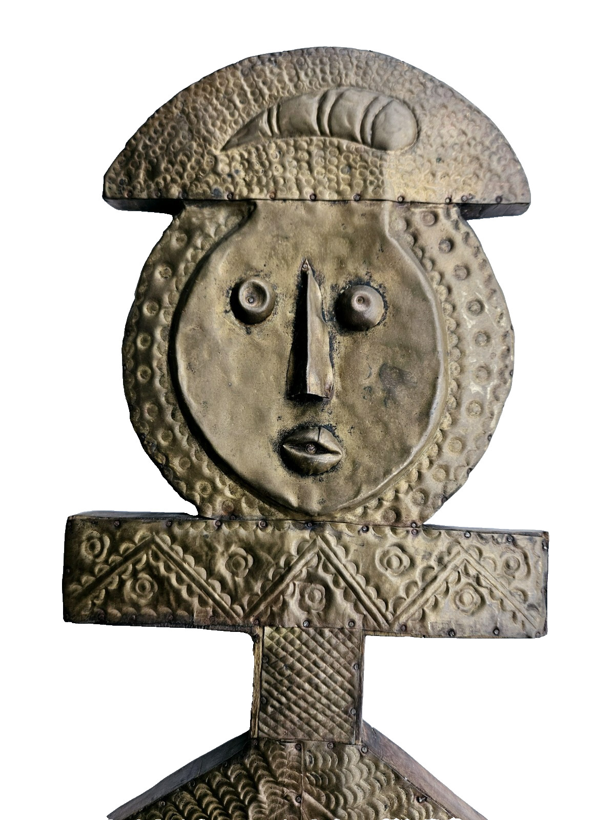 Vintage African Bakota Reliquary Guardian Figure Carved Wood & Brass Idol