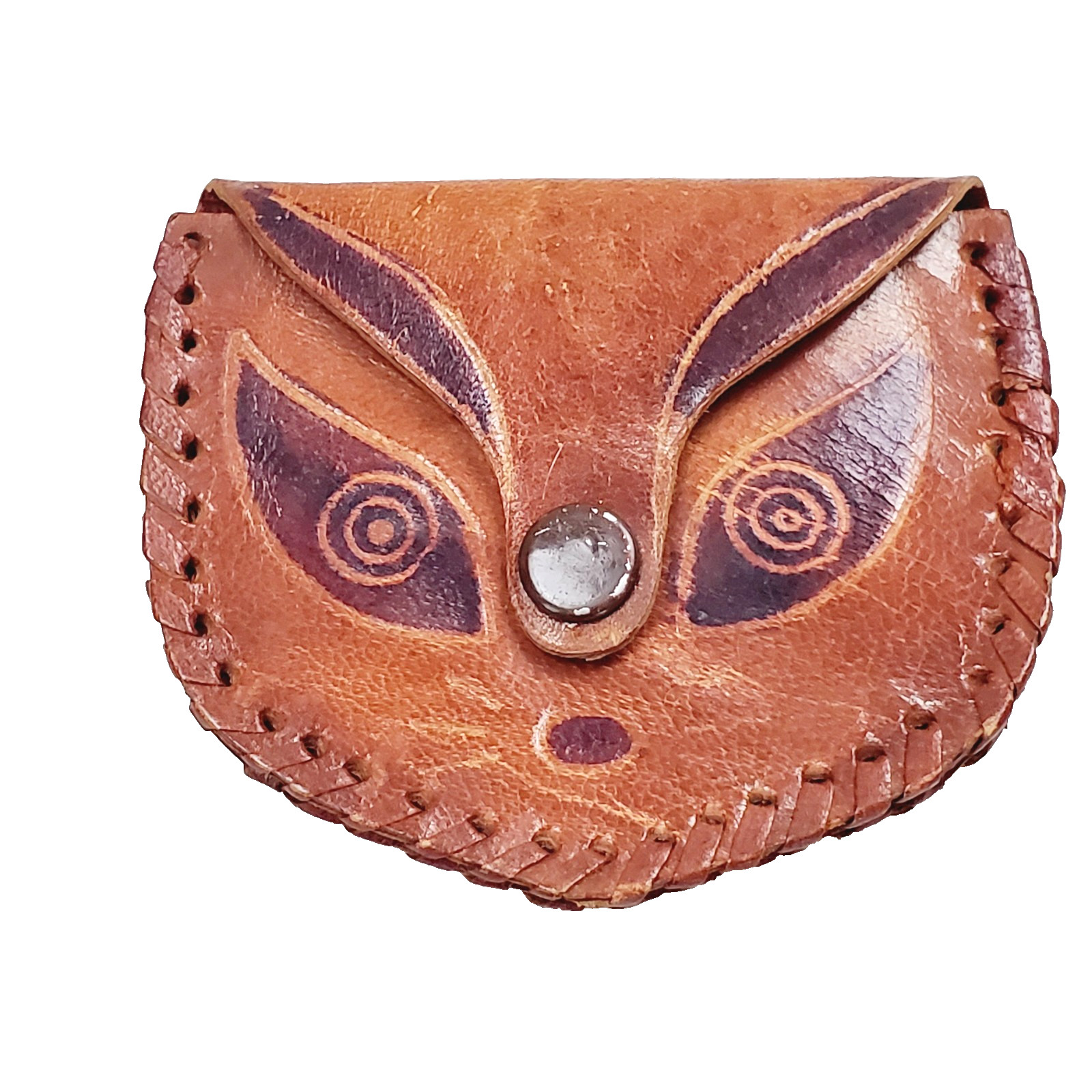 Vintage Brown Tooled Leather Kitty Cat Coin Purse Wallet Feline Handmade Collect