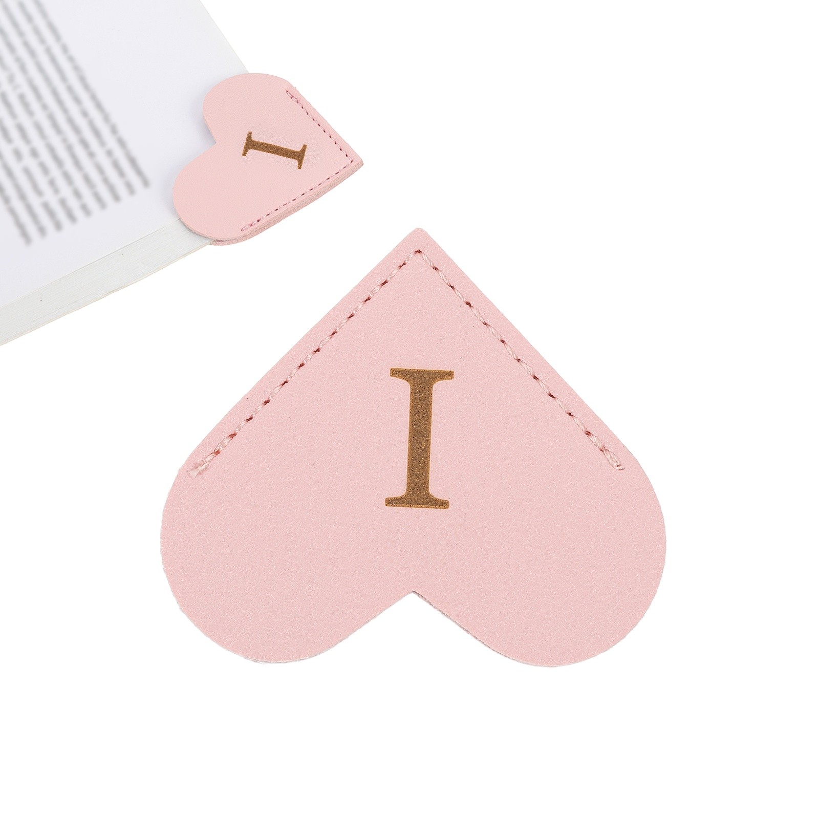 Initial I Corner Bookmarks,  Heart Shape Leather Book Marks Markers, Pink