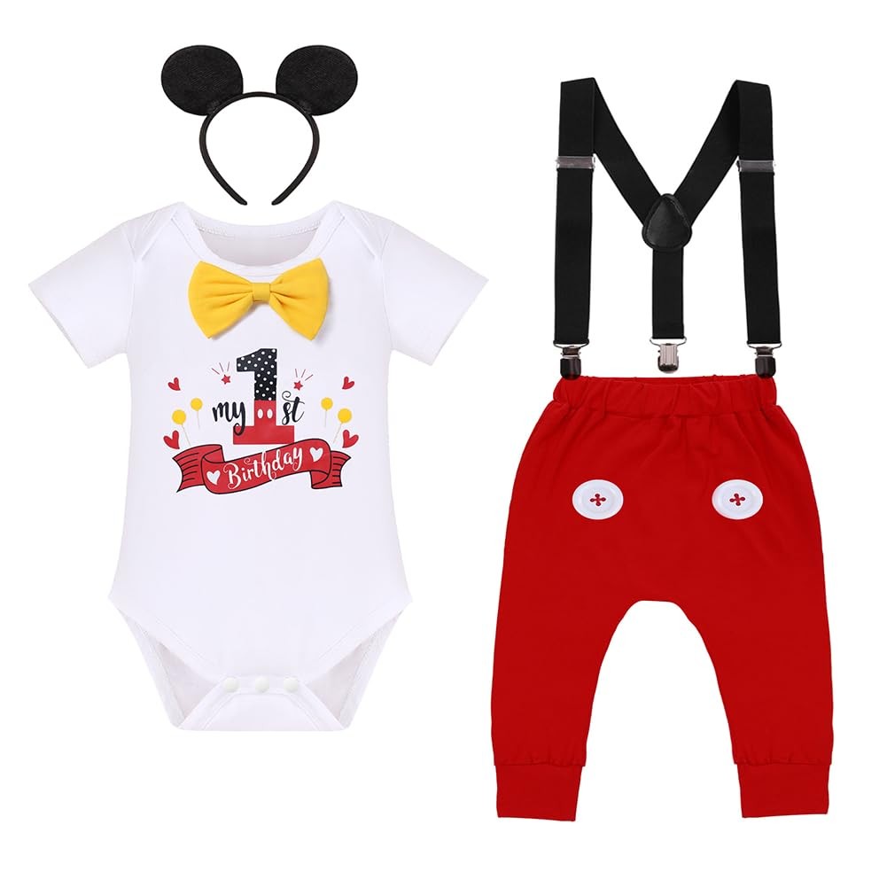 First Birthday Outfit Baby Boy Mouse 1st Birthday Bowtie Romper Suspenders Lo...