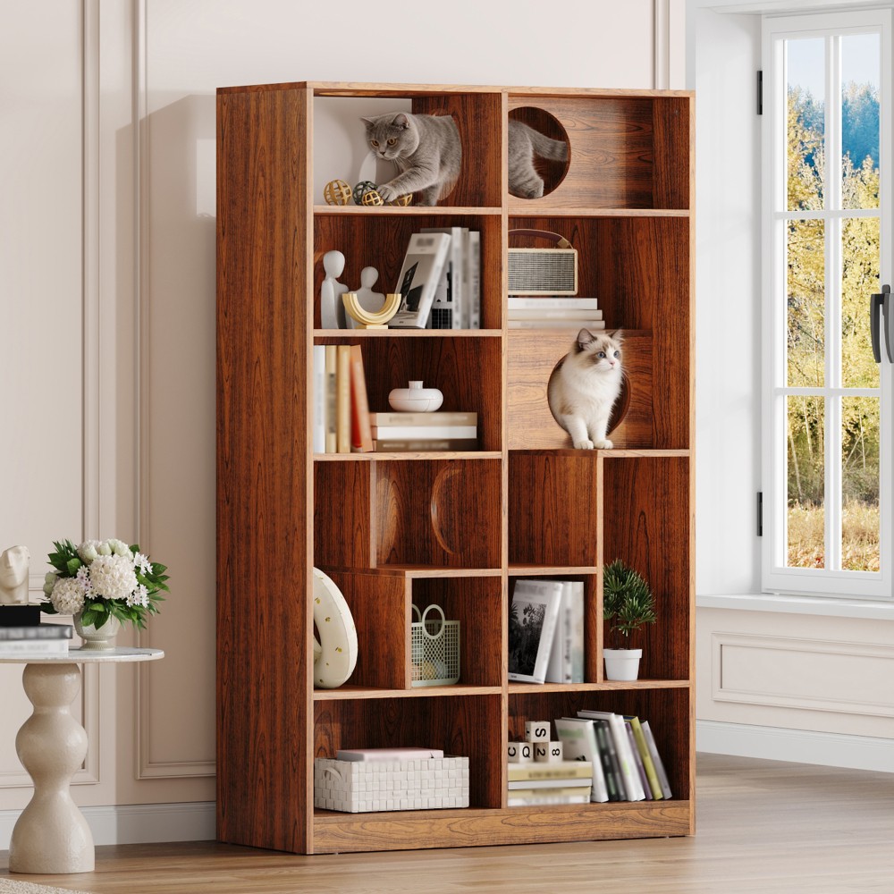 2-in-1 Wood Bookshelf & Cat House.Climbing Shelf, Brown
