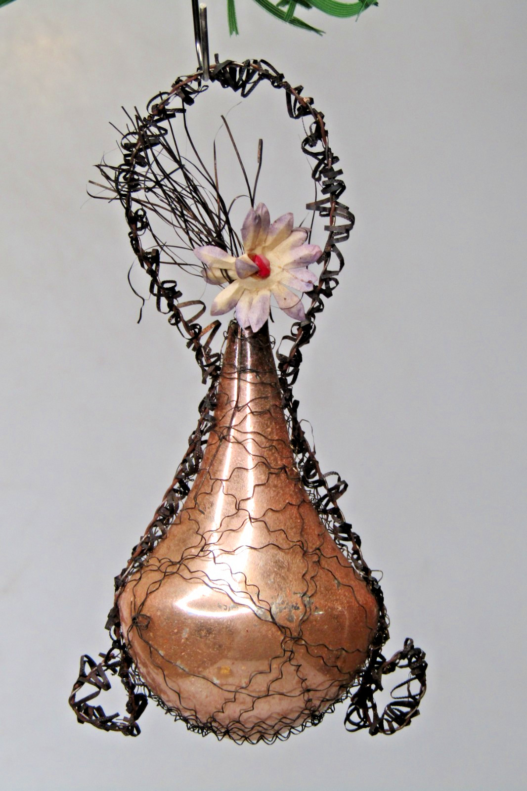 Vintage Antique Glass Crinkle WIre POT w FLOWER Drop Christmas Ornament Germany