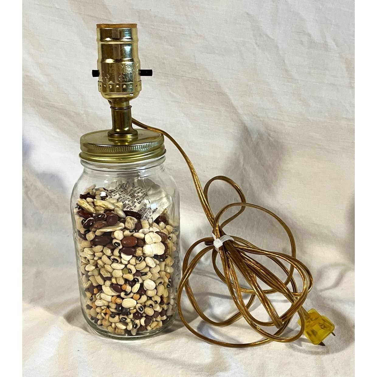 Glass Mason Jar Lamp Base Filled W/ Dry Beans Novelty Art Craft Kitsch No Shade