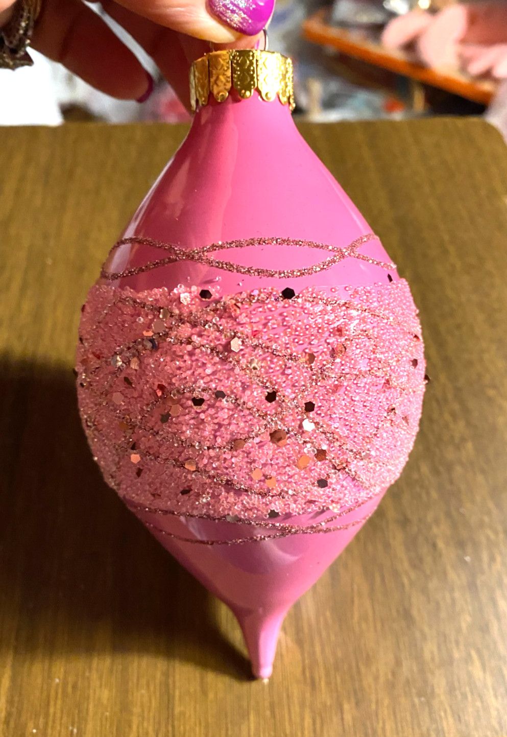 Pink Sugared Blown Glass Teardrop Christmas Ornament 5 1/2"