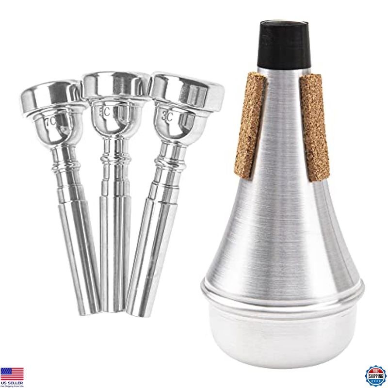 Yootones 4-Piece Trumpet Mouthpiece Set (3C, 5C, 7C) with Silver Mute Silencer