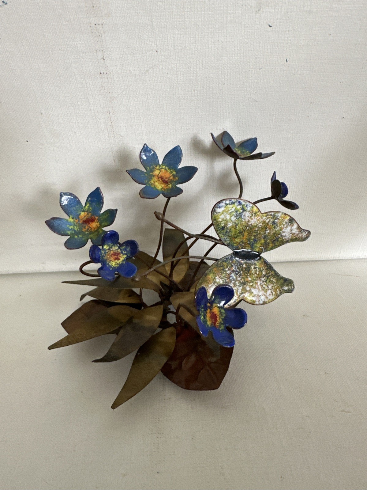 Vintage Flower Sculpture Enamel Brass Flowers & Butterfly MCM Signed Lee