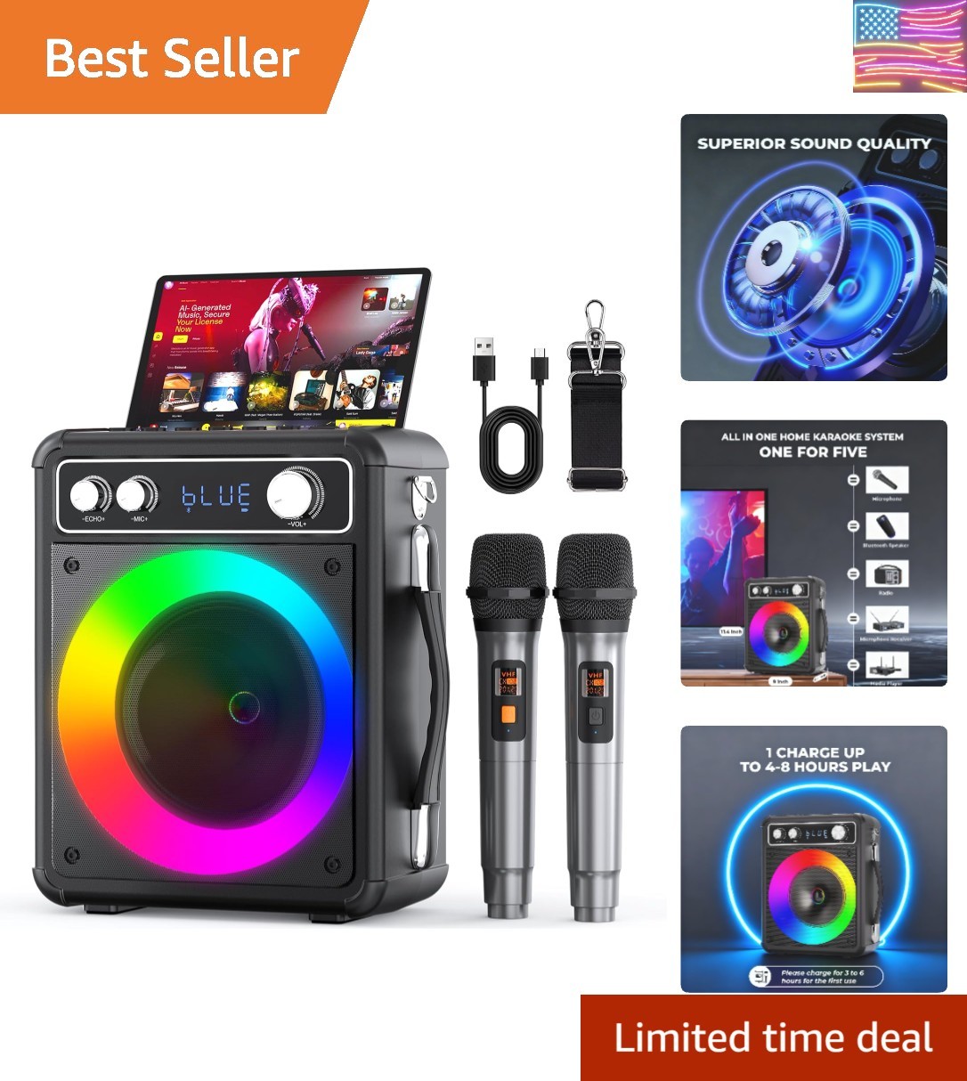 Karaoke Machine, Portable Bluetooth Karaoke Speaker with 2 Wireless Microphon...