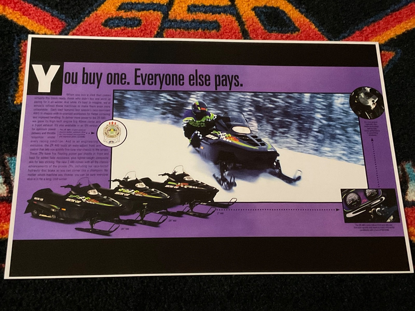 🏁 ‘95 ARCTIC CAT ZR SNOWMOBILE Poster vintage sleds (EVERYONE PAYS.) ⚫️🟢🟣