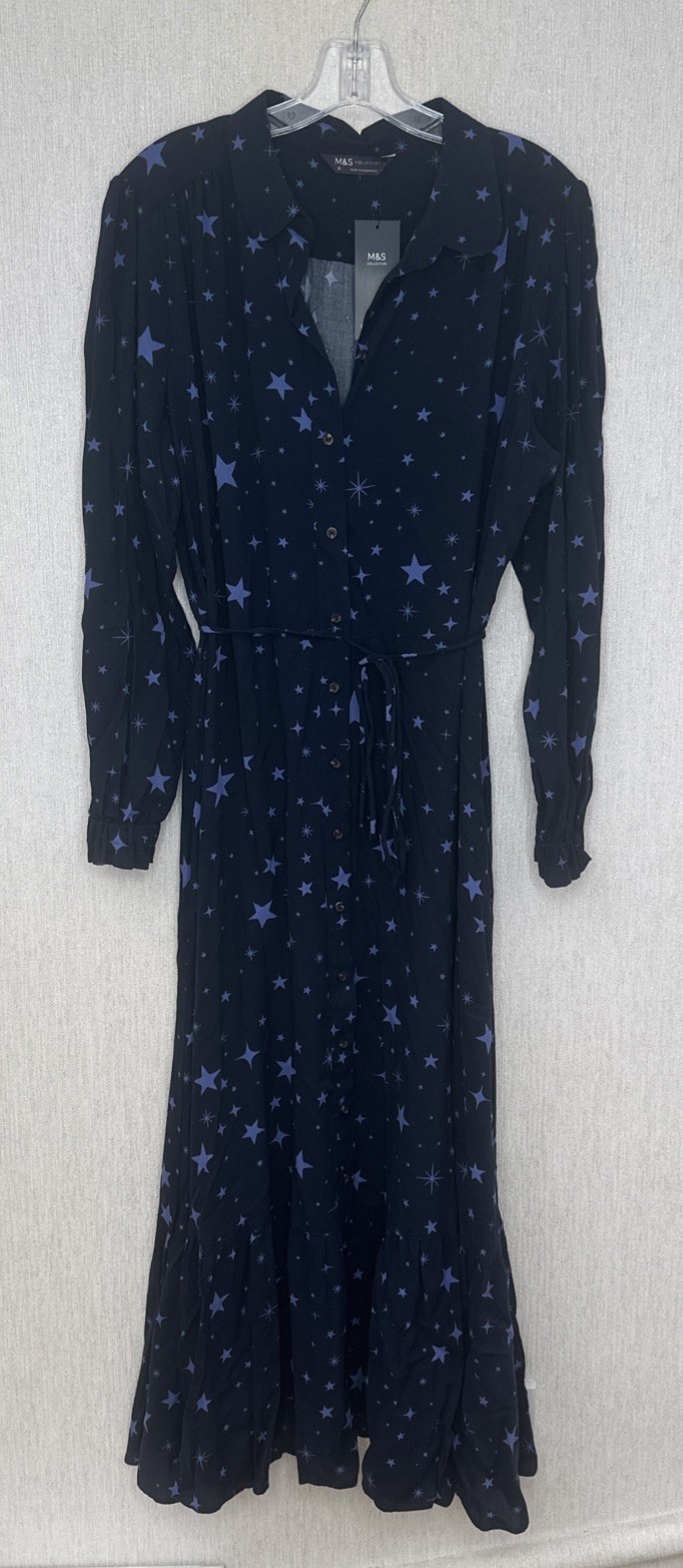 M&S collection stars tea shirt dress navy blue long sleeves midi sz 16 long