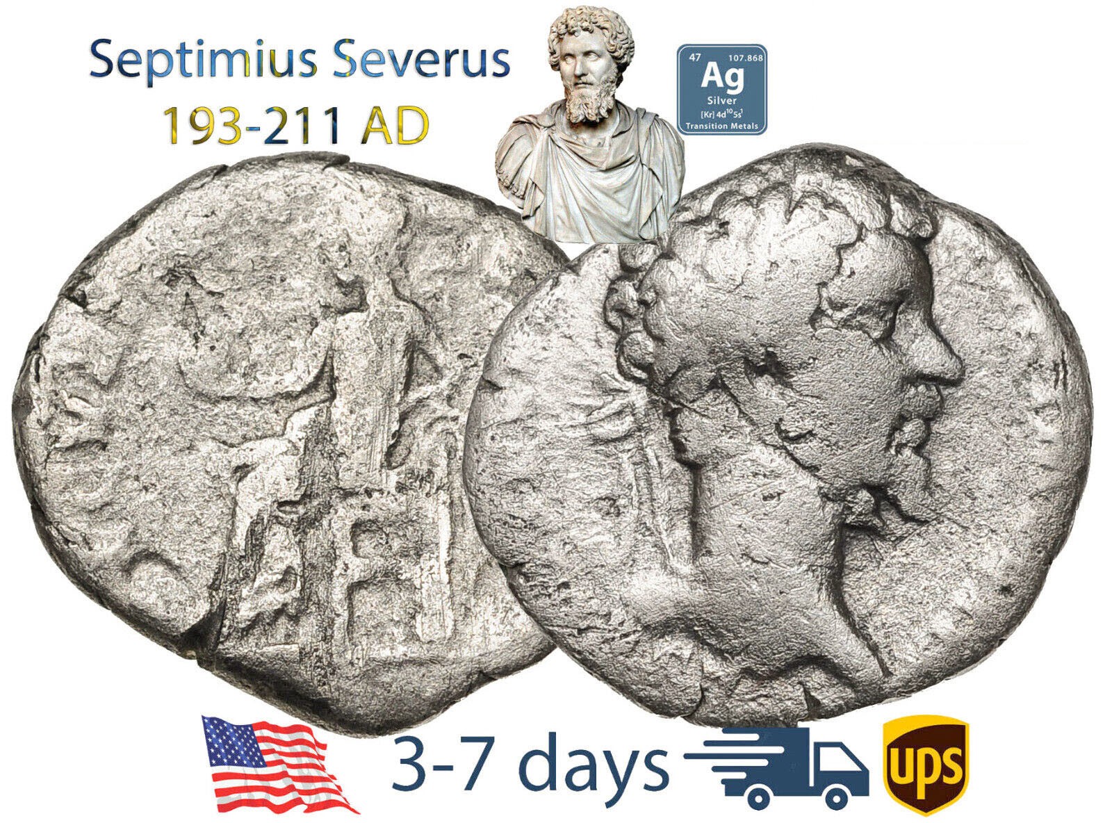 Ancient Roman Empire Coin Silver Denarius Septimius Severus 193 - 211 AD #14724